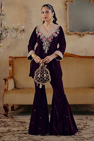 Deep Wine Velvet Sharara Set by Ajiesh Oberoi