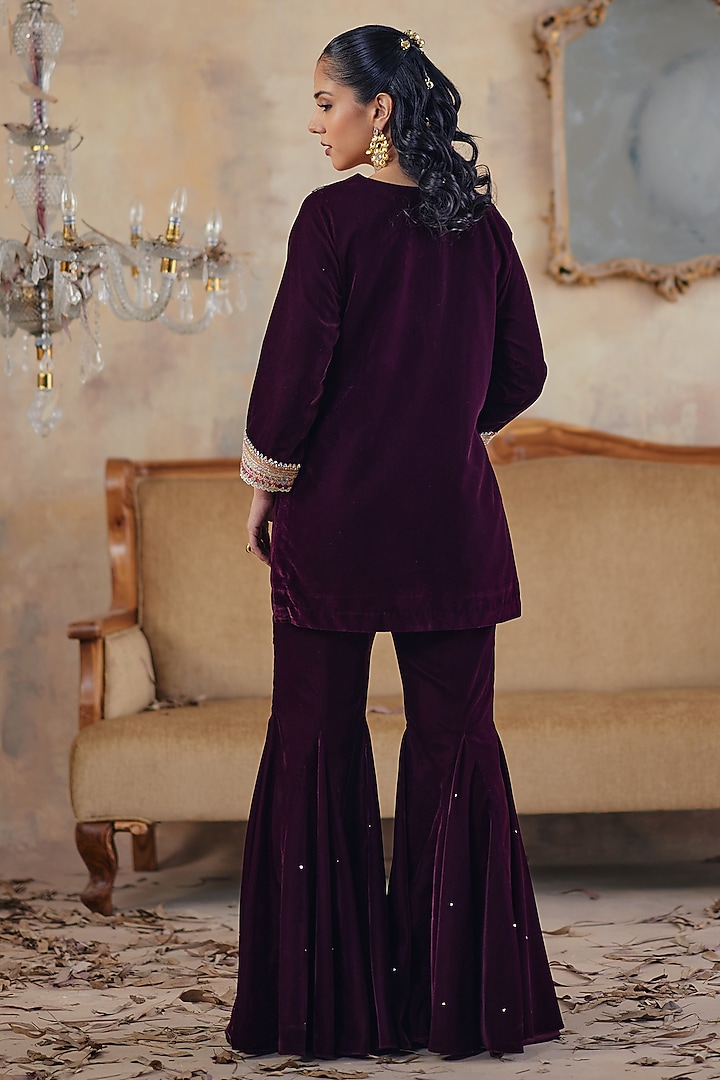 Deep Wine Velvet Party Wear Sharara Set by Ajiesh Oberoi at Pernia's Pop Up Shop