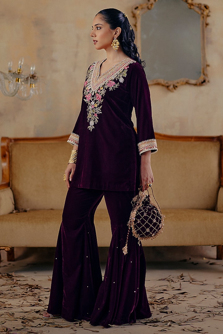Deep Wine Velvet Party Wear Sharara Set by Ajiesh Oberoi at Pernia's Pop Up Shop
