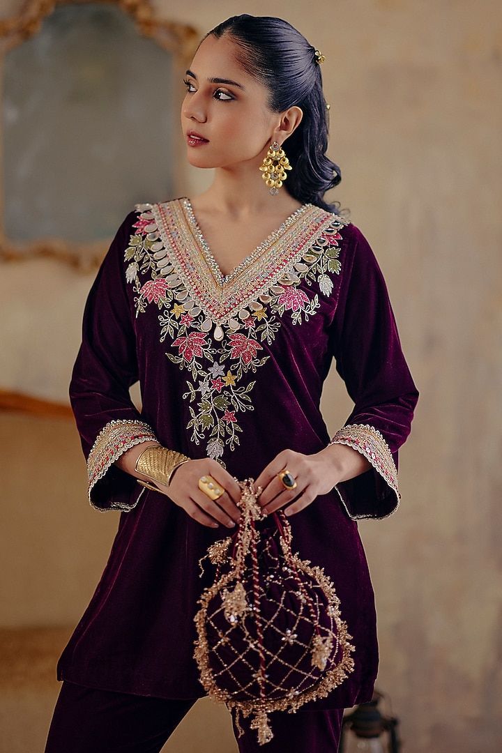 Deep Wine Velvet Party Wear Sharara Set by Ajiesh Oberoi at Pernia's Pop Up Shop