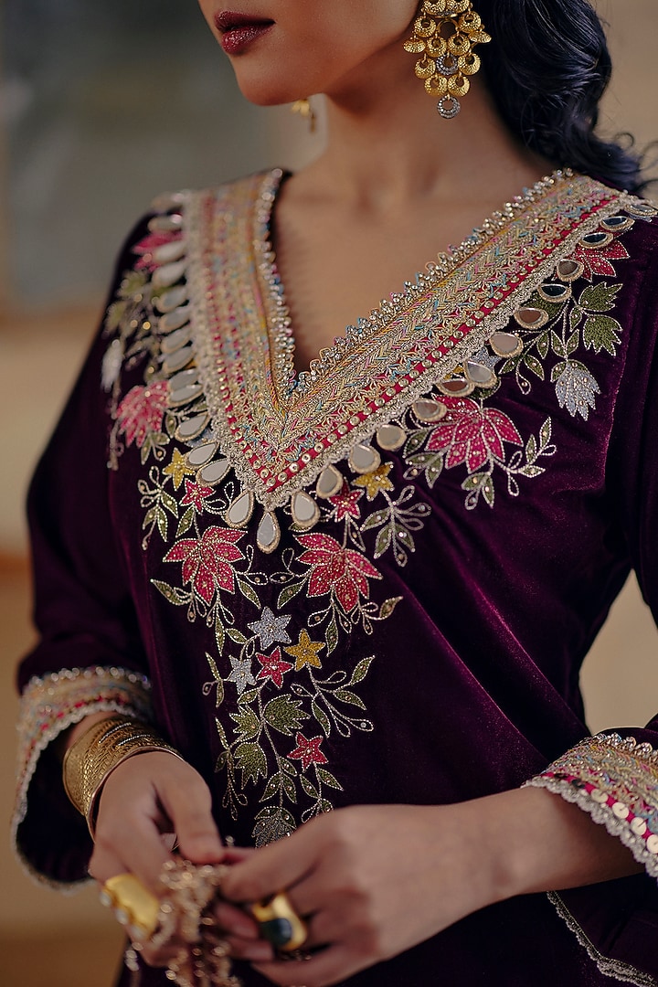Deep Wine Velvet Party Wear Sharara Set by Ajiesh Oberoi at Pernia's Pop Up Shop