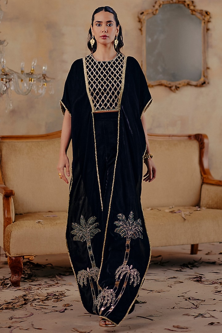 Black Velvet Gold Embroidered Co-Ord Set by Ajiesh Oberoi at Pernia's Pop Up Shop