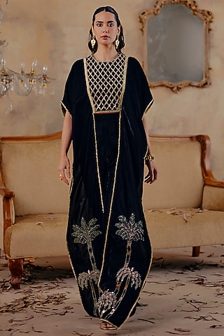 Black Velvet Gold Embroidered Co-Ord Set by Ajiesh Oberoi