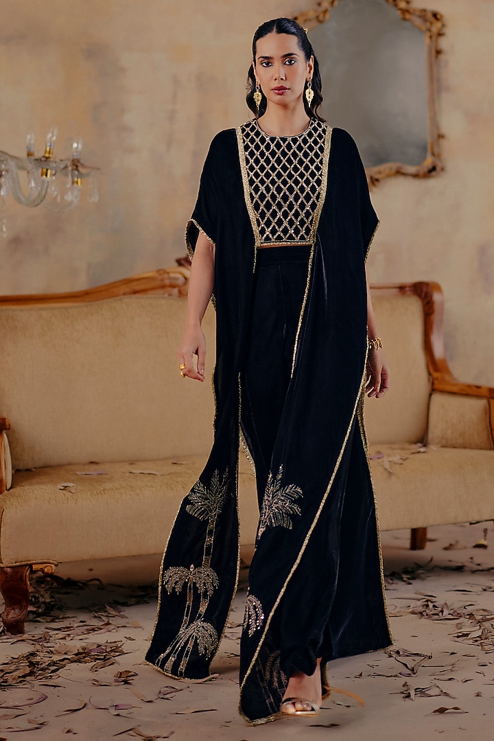 Black Velvet Gold Embroidered Co-Ord Set by Ajiesh Oberoi at Pernia's Pop Up Shop