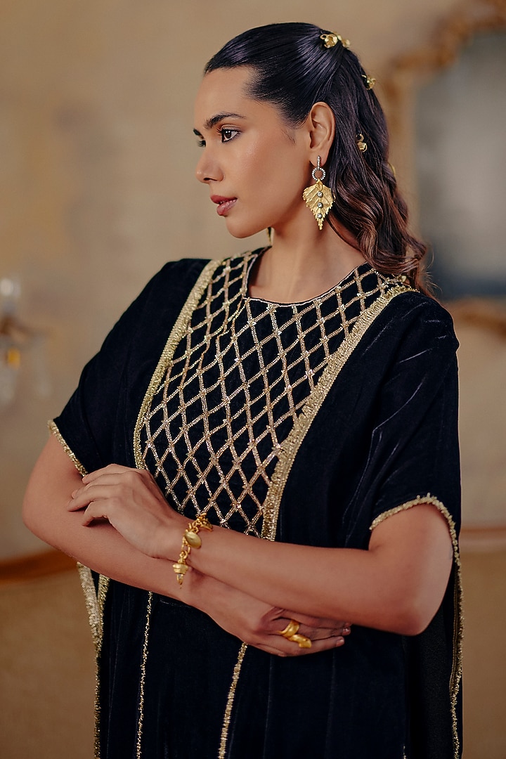 Black Velvet Gold Embroidered Co-Ord Set by Ajiesh Oberoi at Pernia's Pop Up Shop