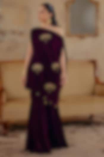 Deep Wine Velvet Motif Embroidered One-Shoulder Tunic Set by Ajiesh Oberoi at Pernia's Pop Up Shop
