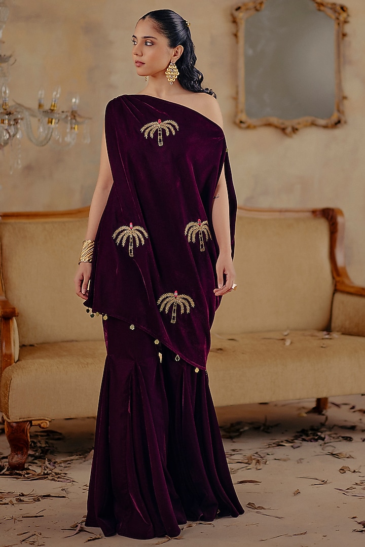 Deep Wine Velvet Motif Embroidered One-Shoulder Tunic Set by Ajiesh Oberoi at Pernia's Pop Up Shop