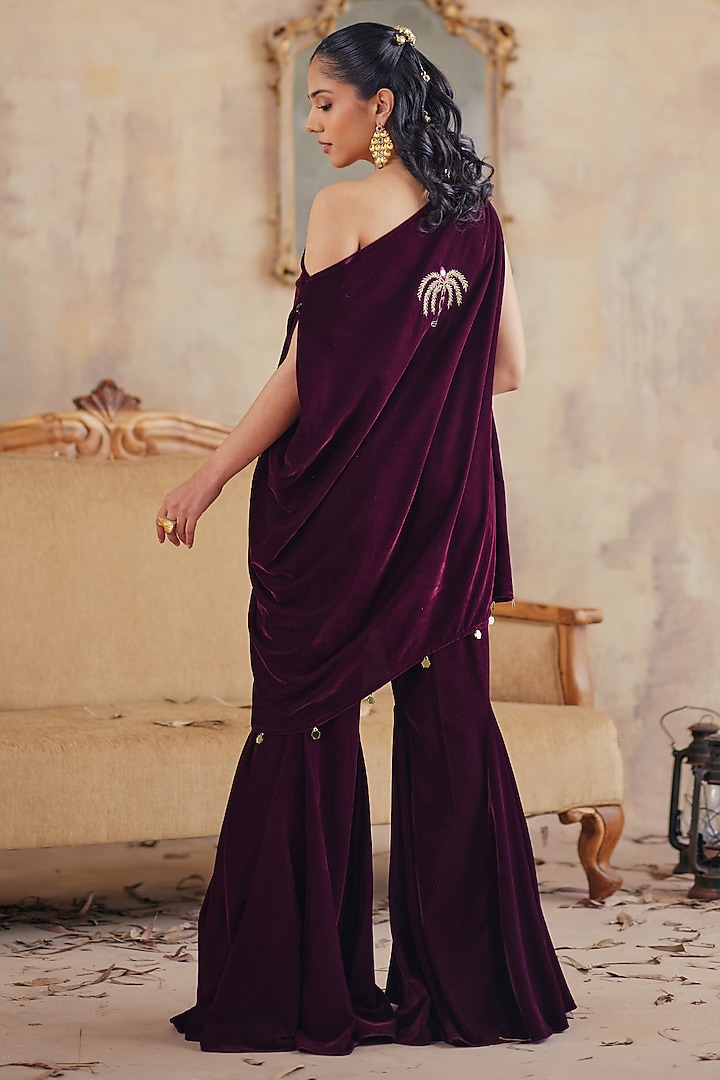 Deep Wine Velvet Motif Embroidered One-Shoulder Tunic Set by Ajiesh Oberoi at Pernia's Pop Up Shop