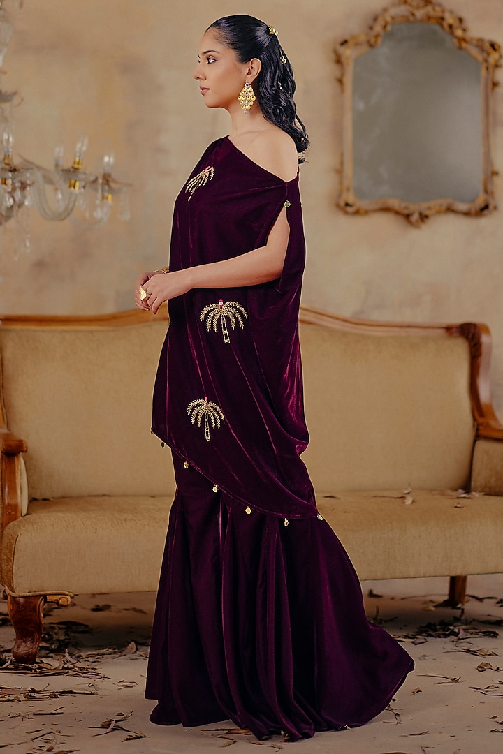 Deep Wine Velvet Motif Embroidered One-Shoulder Tunic Set by Ajiesh Oberoi at Pernia's Pop Up Shop