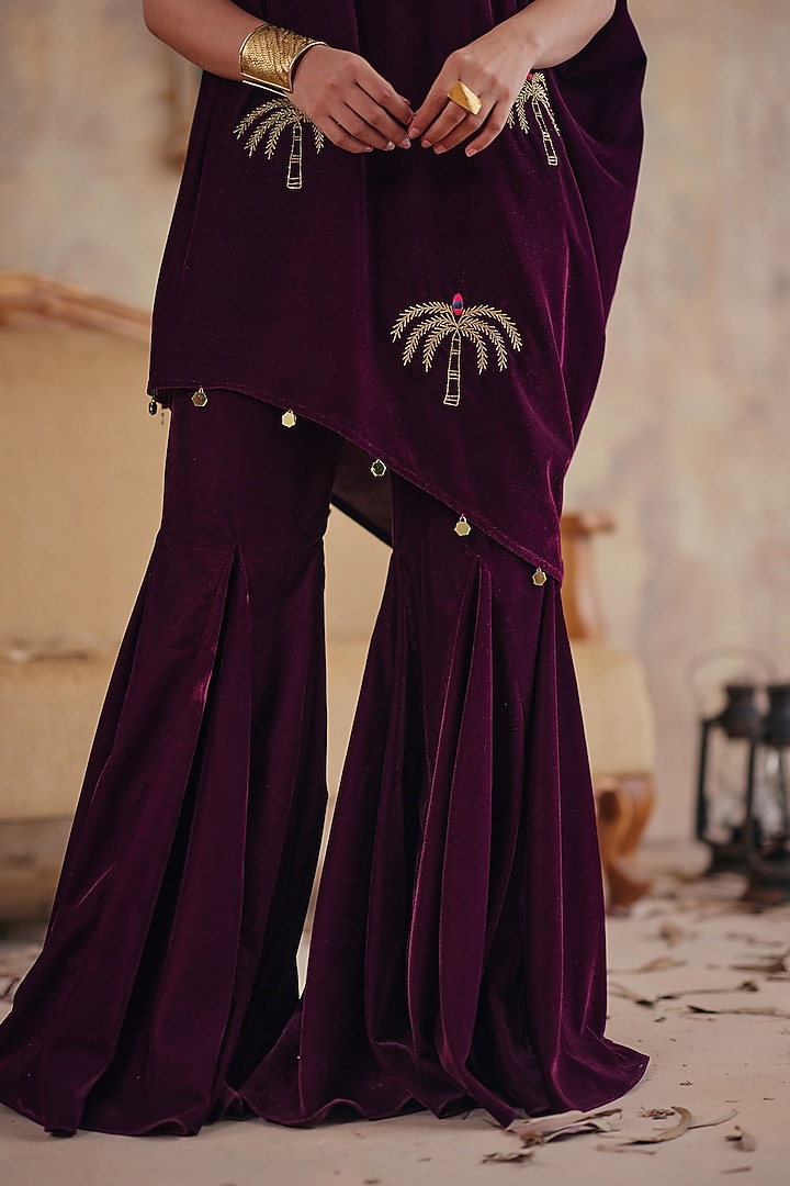 Deep Wine Velvet Motif Embroidered One-Shoulder Tunic Set by Ajiesh Oberoi at Pernia's Pop Up Shop