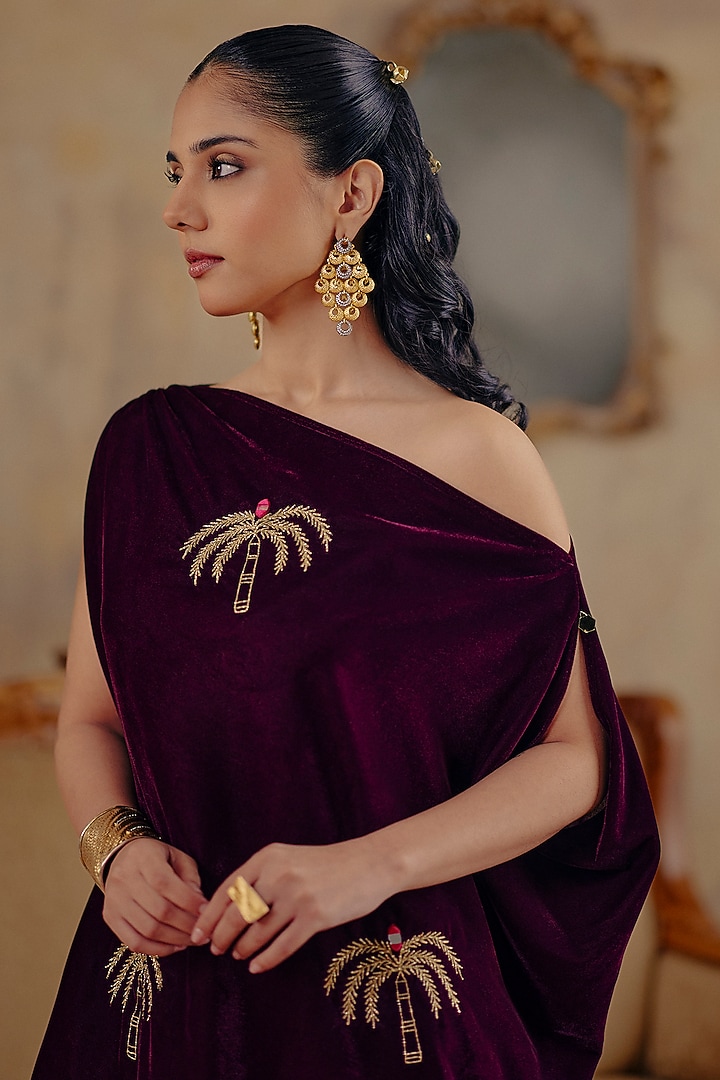 Deep Wine Velvet Motif Embroidered One-Shoulder Tunic Set by Ajiesh Oberoi at Pernia's Pop Up Shop