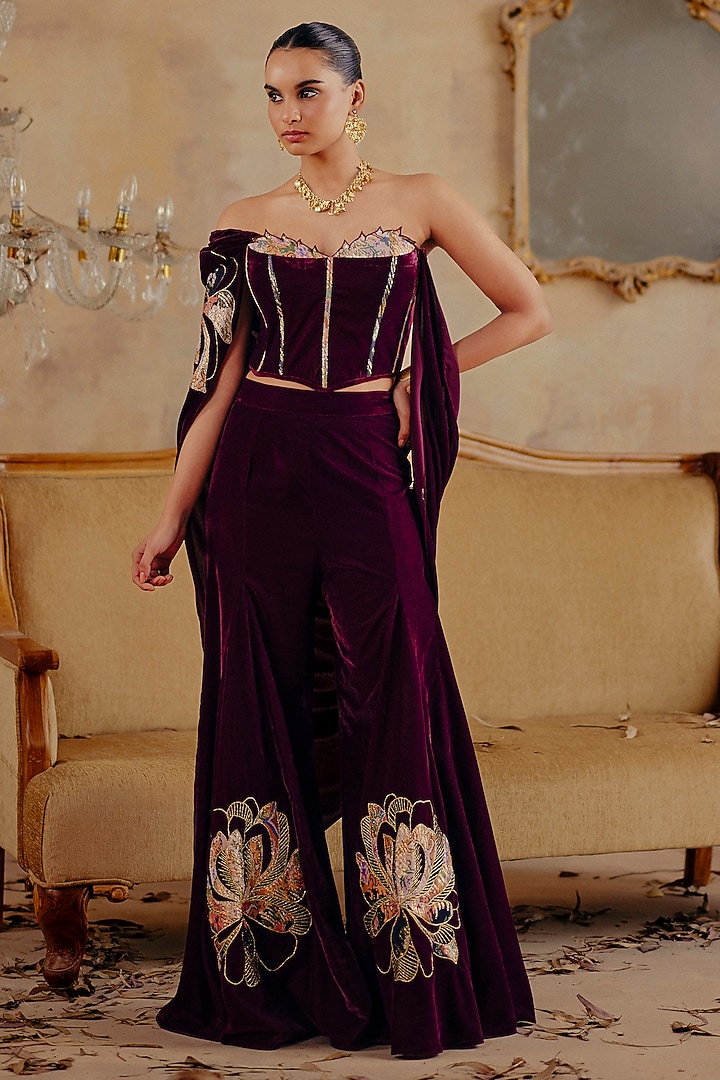 Deep Wine Velvet Wide-Leg Flared Pant Set by Ajiesh Oberoi at Pernia's Pop Up Shop