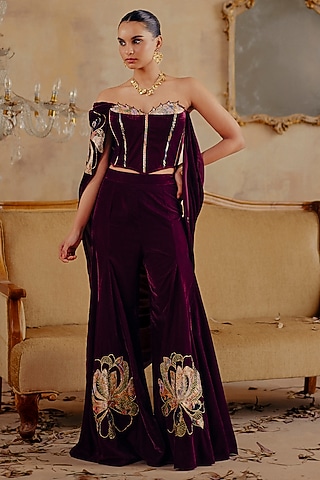 Deep Wine Velvet Wide-Leg Flared Pant Set by Ajiesh Oberoi