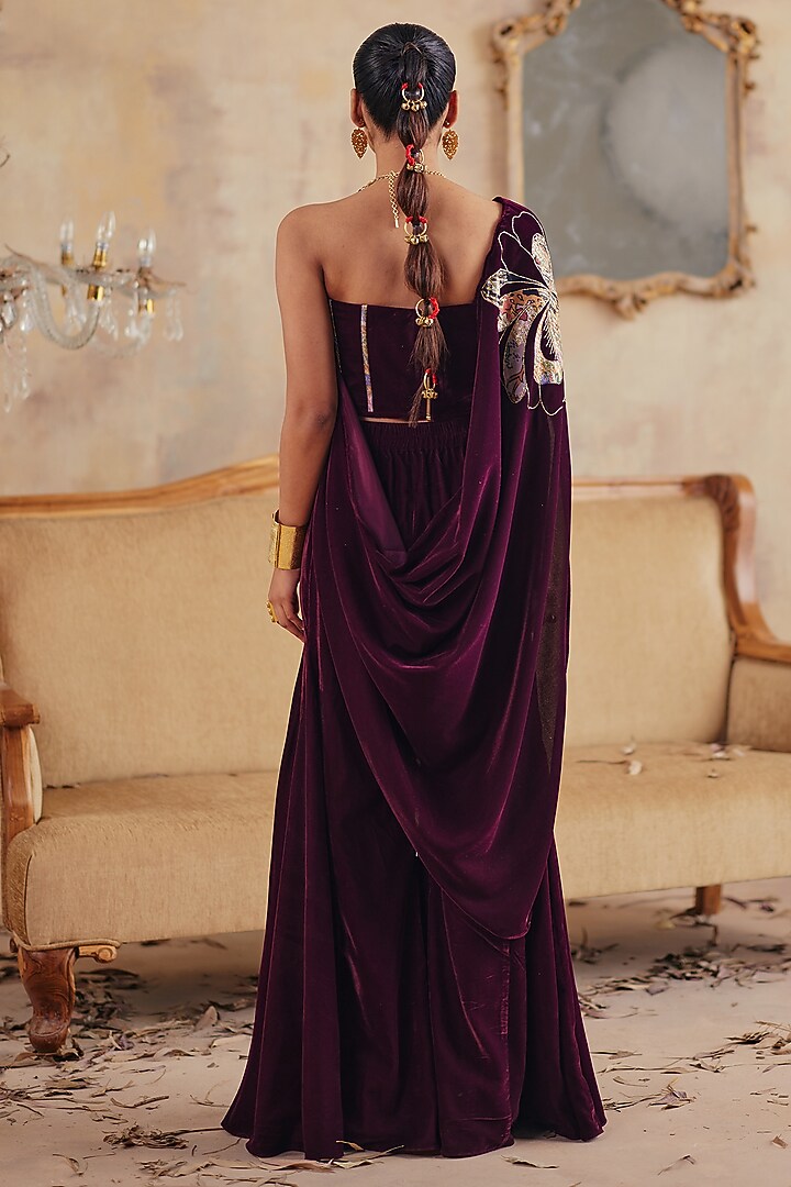 Deep Wine Velvet Wide-Leg Flared Pant Set by Ajiesh Oberoi at Pernia's Pop Up Shop
