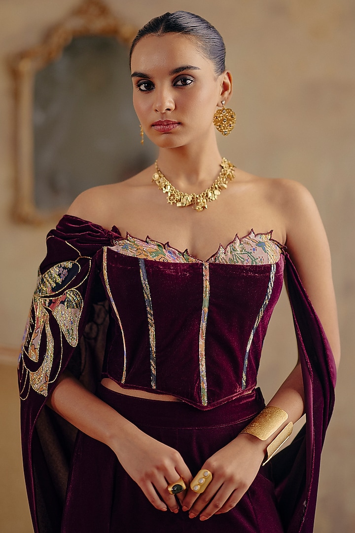 Deep Wine Velvet Wide-Leg Flared Pant Set by Ajiesh Oberoi at Pernia's Pop Up Shop