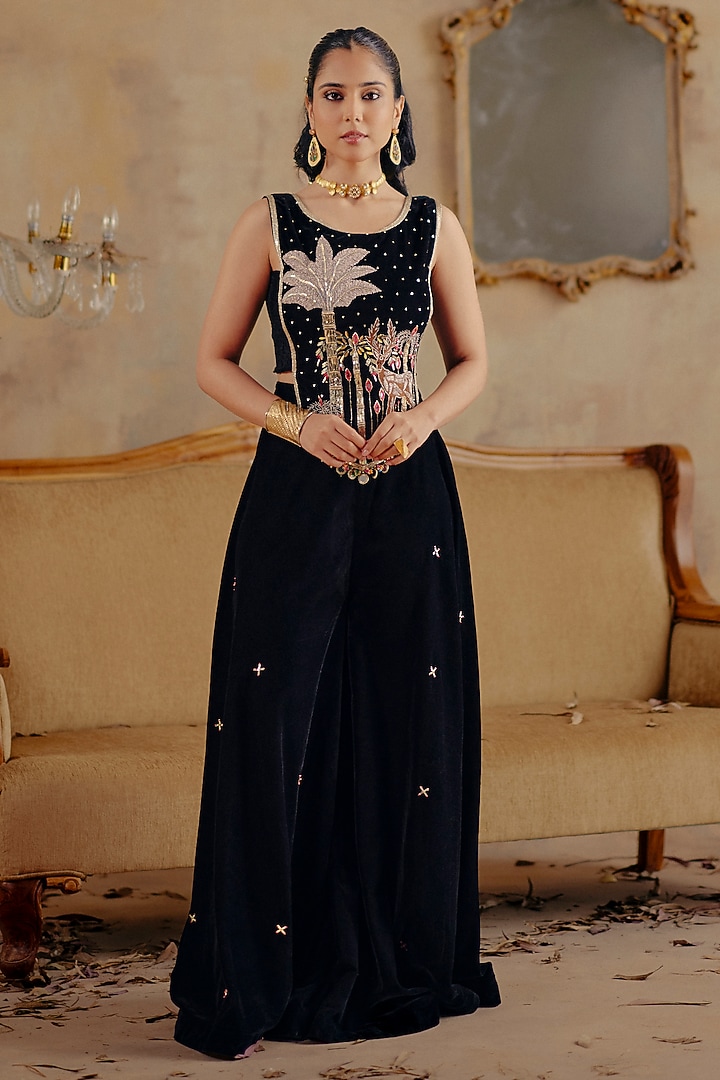 Black Velvet Party Wear Sharara Set by Ajiesh Oberoi at Pernia's Pop Up Shop
