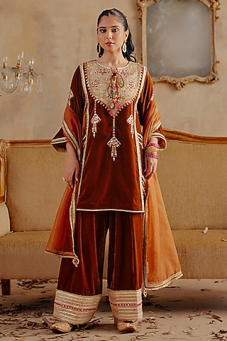Bronze Velvet Mirror & Thread Embroidered Kurta Set by Ajiesh Oberoi