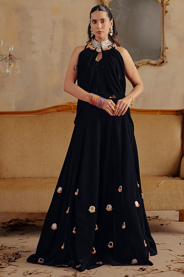 Black Velvet Skirt Set by Ajiesh Oberoi at Pernia's Pop Up Shop