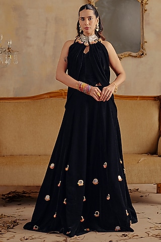 Black Velvet Skirt Set by Ajiesh Oberoi