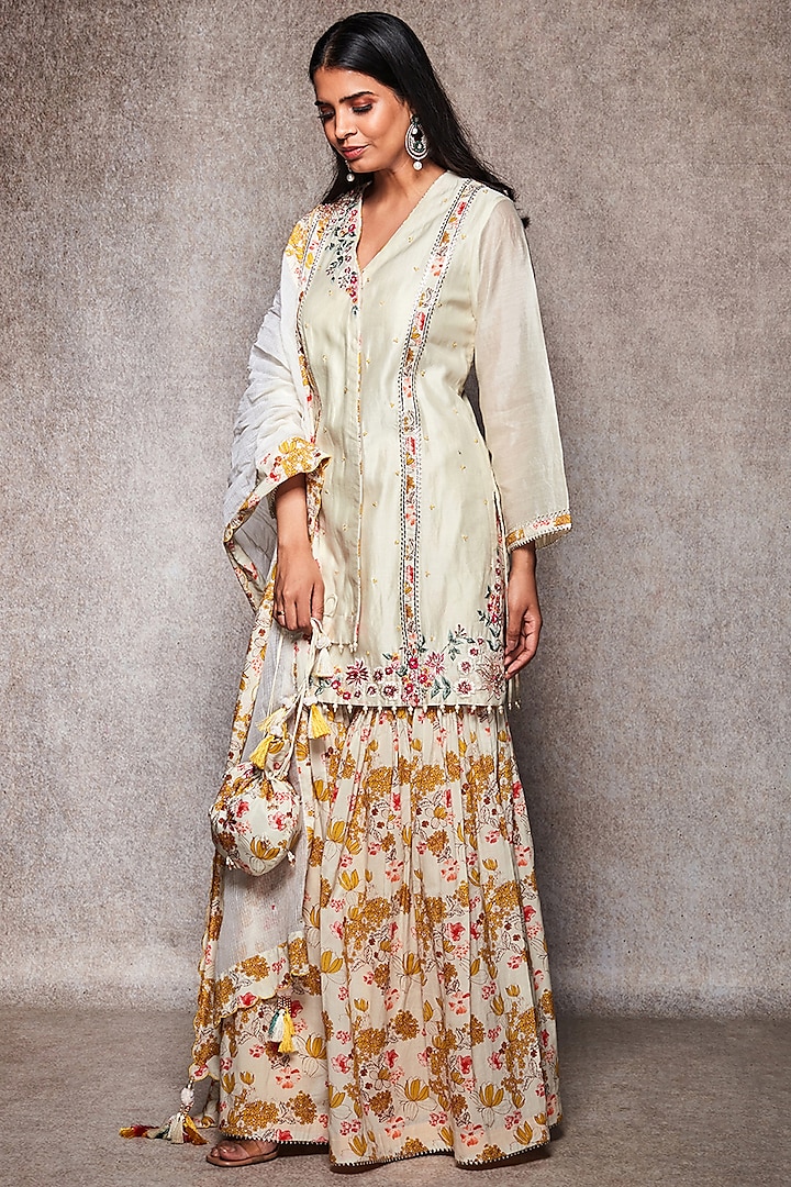 Ghee Colored Mulmul Floral Printed Gharara Set by Ajiesh Oberoi