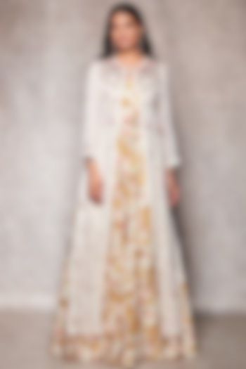 Ghee Colored Embroidered Jacket Set by Ajiesh Oberoi