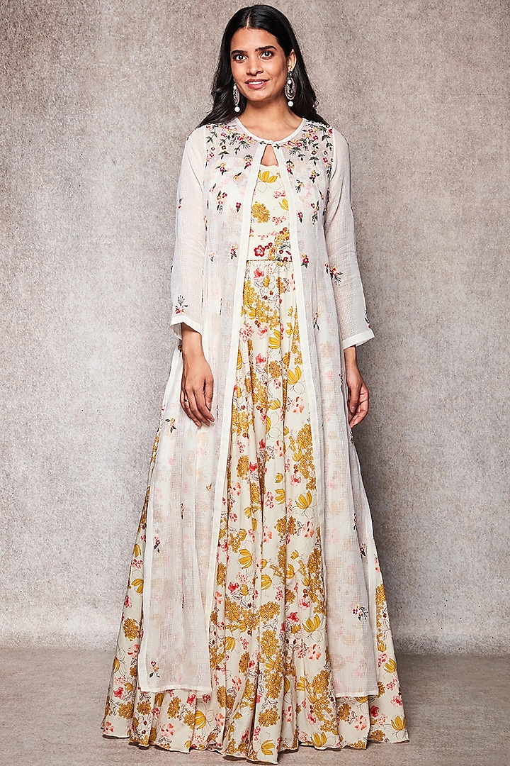 Ghee Colored Embroidered Jacket Set by Ajiesh Oberoi