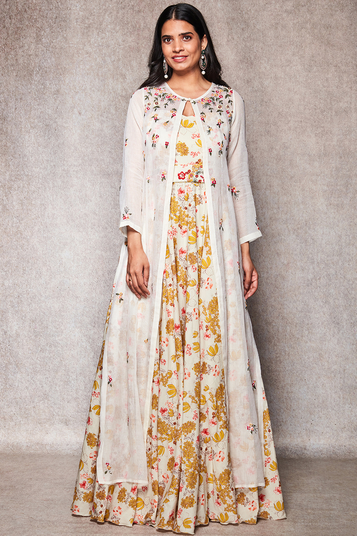 Ghee Colored Embroidered Jacket Set by Ajiesh Oberoi