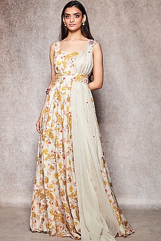 Ghee Colored Printed Maxi Dress by Ajiesh Oberoi