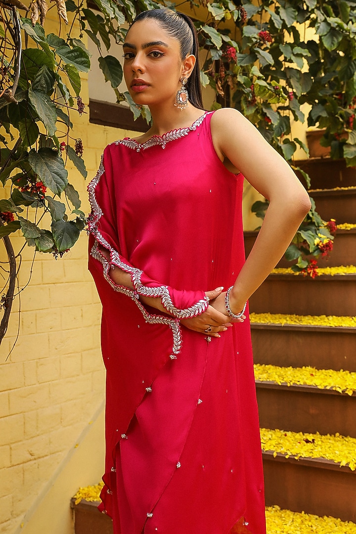 Rani Pink Chiffon & Lycra Satin Bead Embroidered Cape Set by Ajiesh Oberoi at Pernia's Pop Up Shop