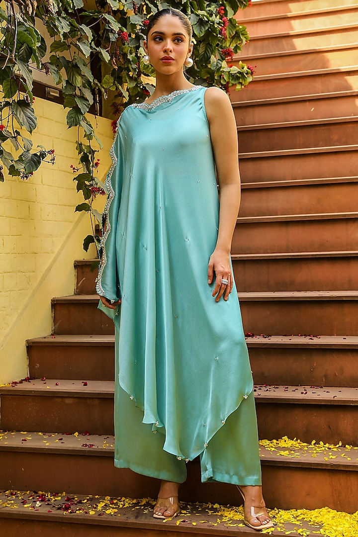 Sky Blue Chiffon & Lycra Satin Bead Embroidered Cape Set by Ajiesh Oberoi