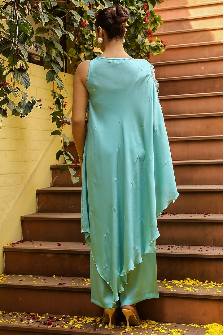 Sky Blue Chiffon & Lycra Satin Bead Embroidered Cape Set by Ajiesh Oberoi at Pernia's Pop Up Shop