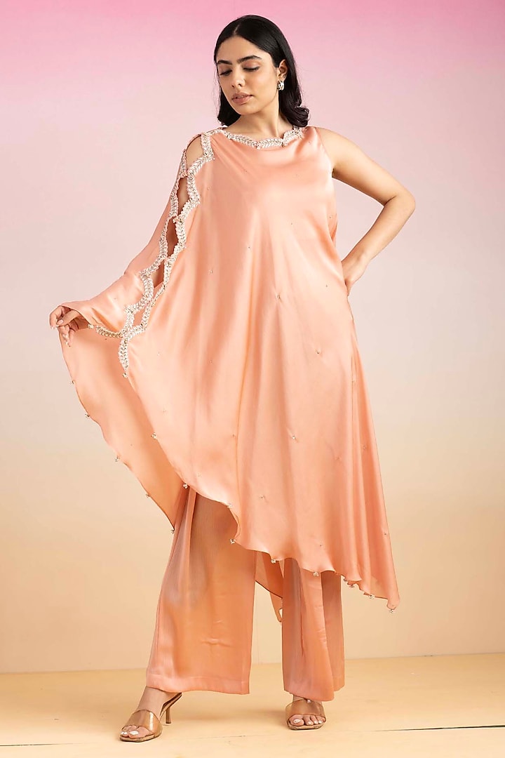 Peach Chiffon & Lycra Satin Bead Embroidered Cape Set by Ajiesh Oberoi