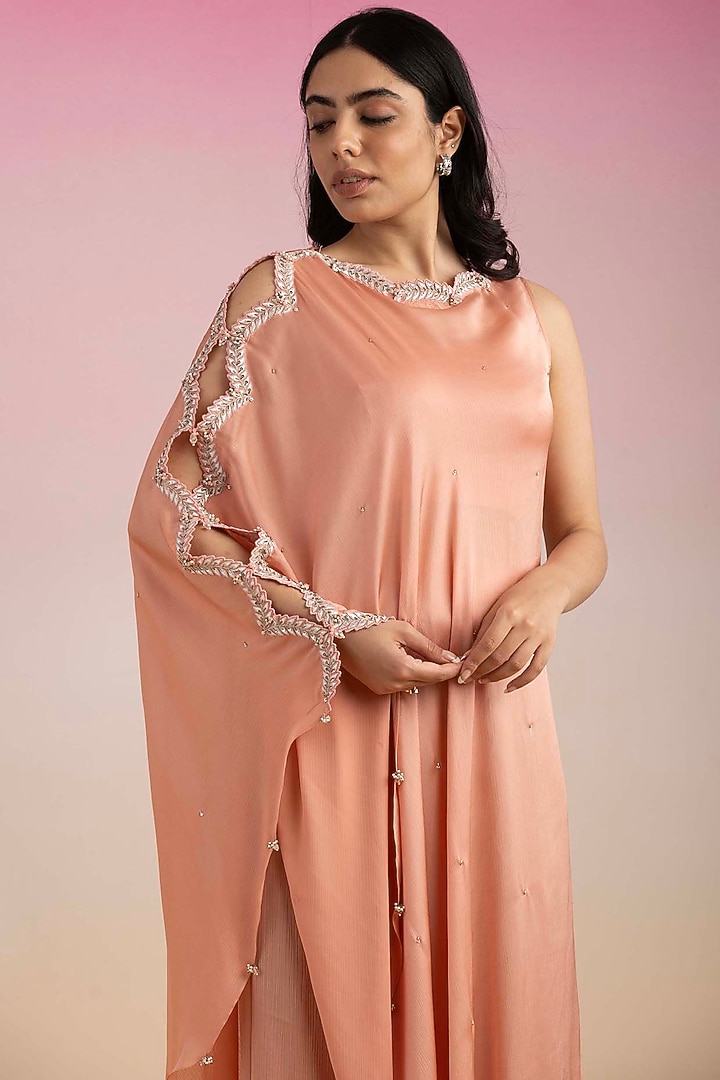 Peach Chiffon & Lycra Satin Bead Embroidered Cape Set by Ajiesh Oberoi at Pernia's Pop Up Shop