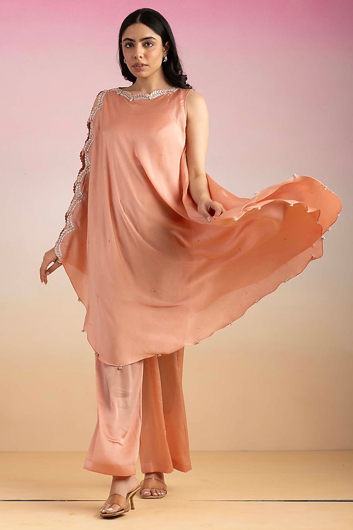 Peach Chiffon & Lycra Satin Bead Embroidered Cape Set by Ajiesh Oberoi at Pernia's Pop Up Shop