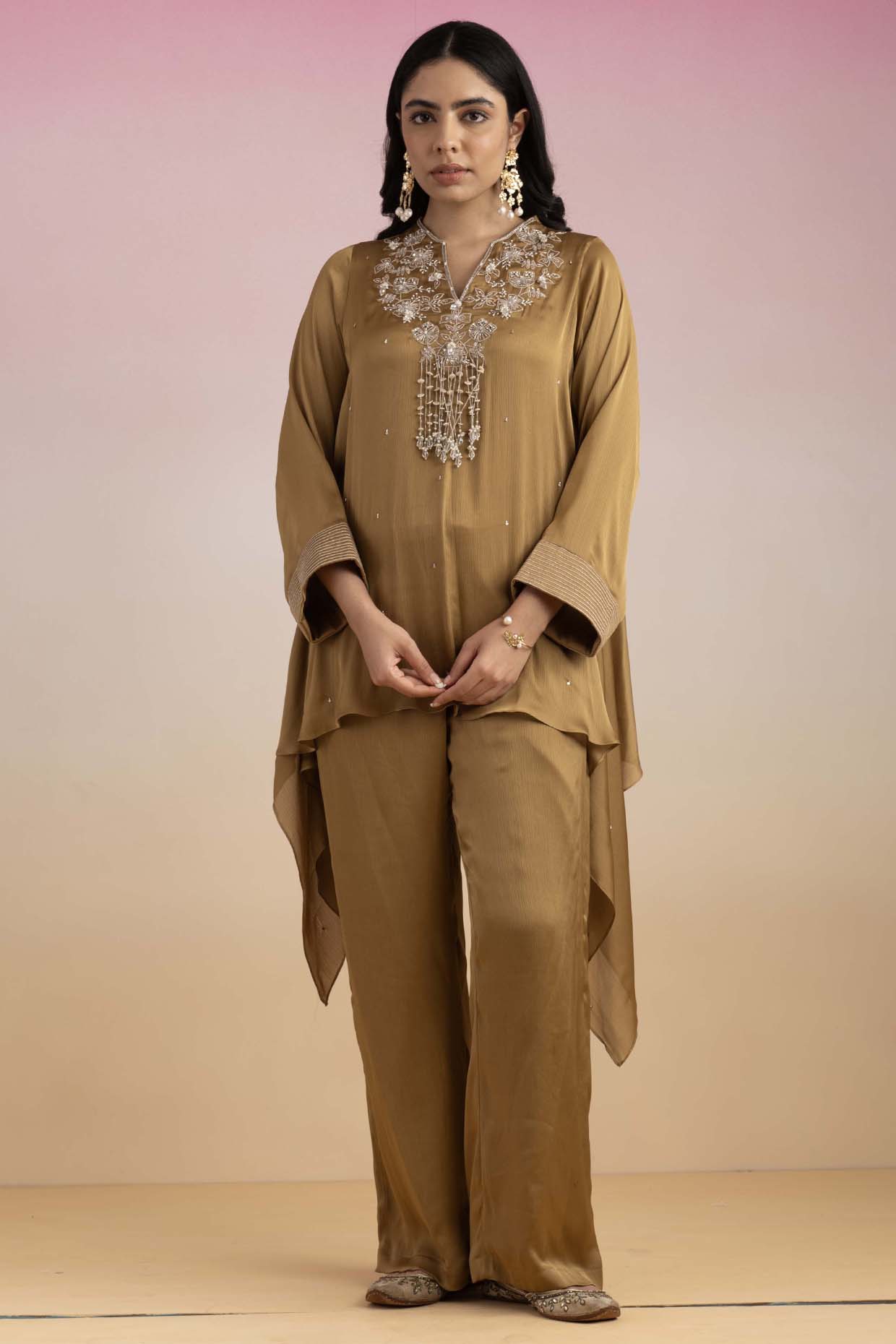 Honey Gold Chiffon & Mulmul Kaftan Set by Ajiesh Oberoi at Pernia's Pop Up Shop