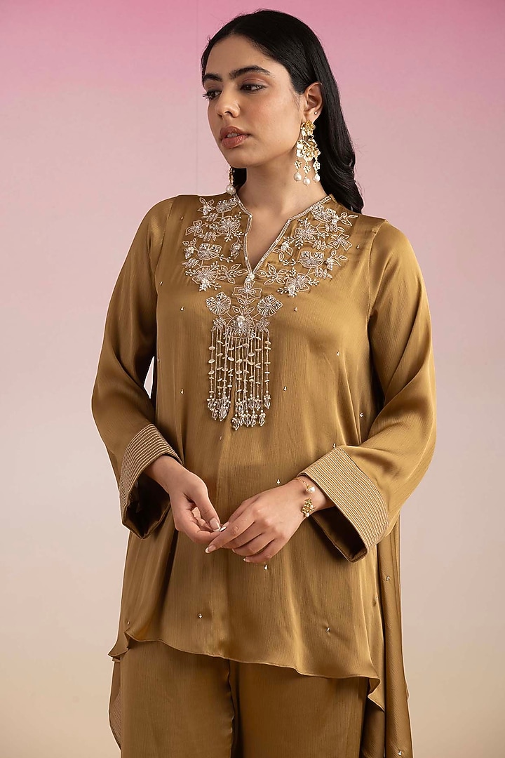 Honey Gold Chiffon & Mulmul Kaftan Set by Ajiesh Oberoi at Pernia's Pop Up Shop
