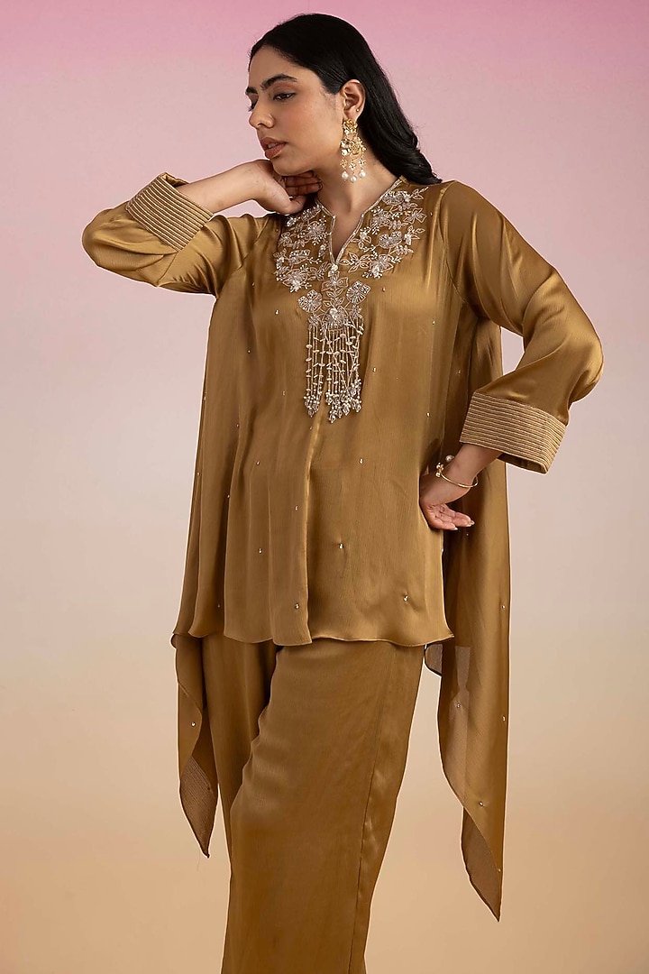 Honey Gold Chiffon & Mulmul Kaftan Set by Ajiesh Oberoi at Pernia's Pop Up Shop