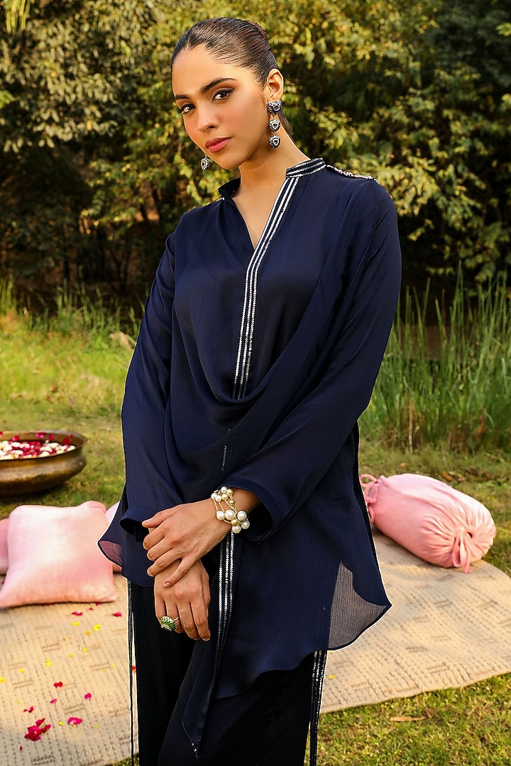 Navy Blue Chiffon & Mulmul Co-Ord Set by Ajiesh Oberoi at Pernia's Pop Up Shop
