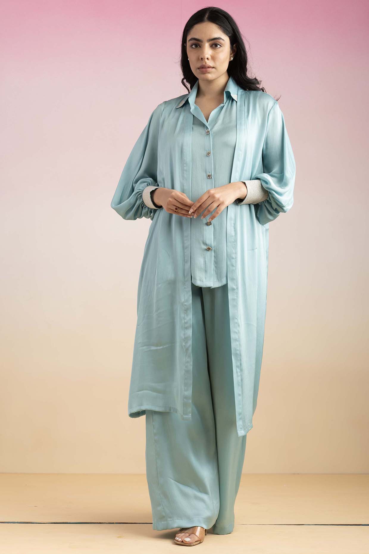 Sky Blue Chiffon & Mulmul Co-Ord Set by Ajiesh Oberoi at Pernia's Pop Up Shop