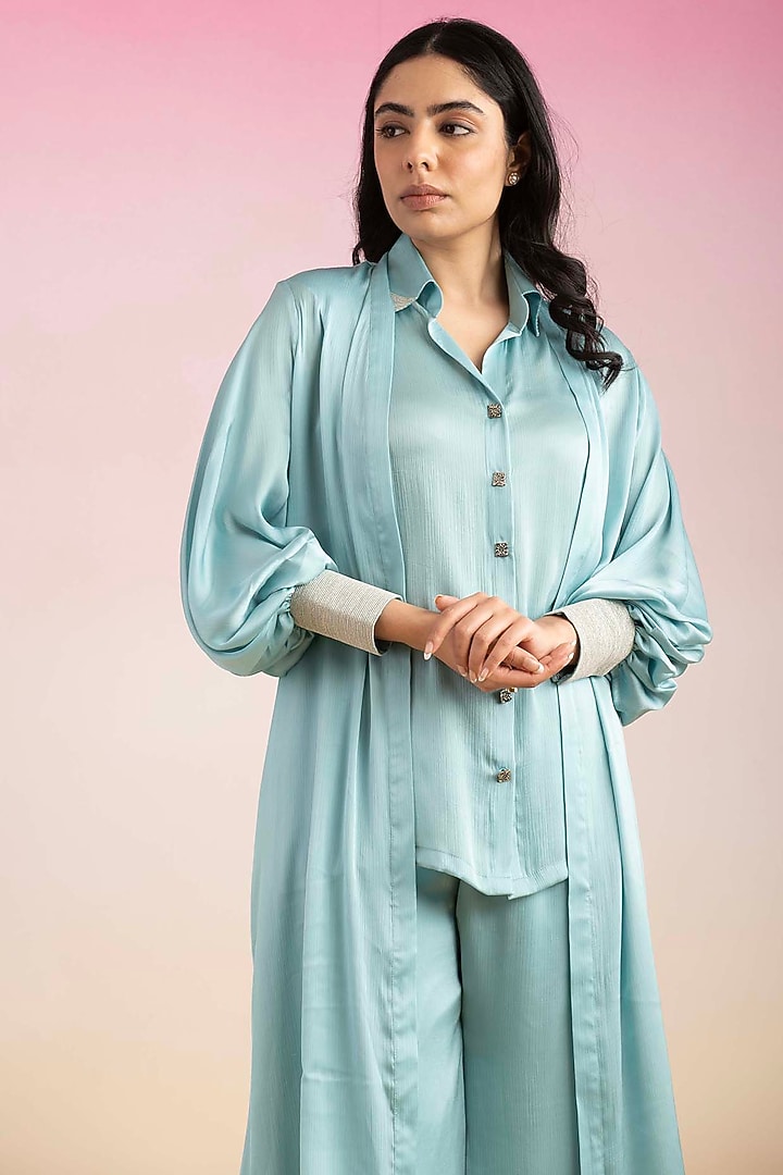 Sky Blue Chiffon & Mulmul Co-Ord Set by Ajiesh Oberoi at Pernia's Pop Up Shop