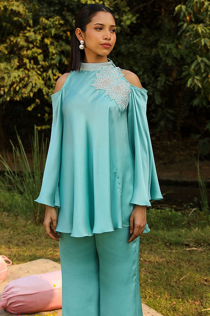 Sky Blue Chiffon & Mulmul Dori Embroidered Co-Ord Set by Ajiesh Oberoi at Pernia's Pop Up Shop