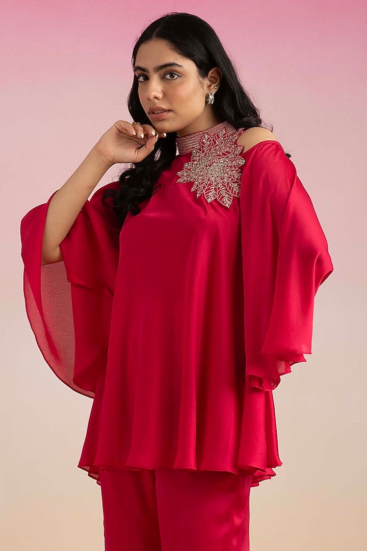 Rani Pink Chiffon & Mulmul Dori Embroidered Co-Ord Set by Ajiesh Oberoi at Pernia's Pop Up Shop