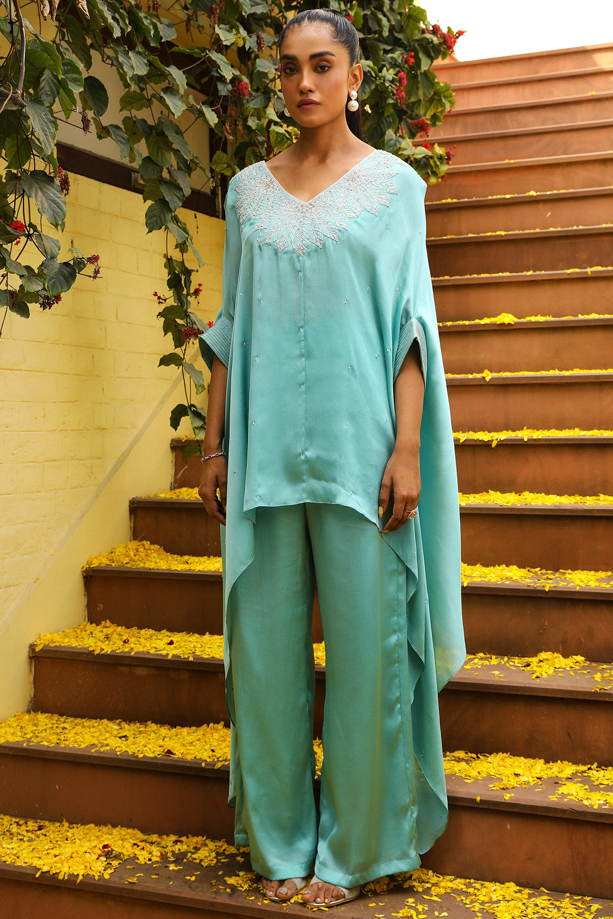 Sky Blue Chiffon & Mulmul Dori Embroidered Co-Ord Set by Ajiesh Oberoi at Pernia's Pop Up Shop