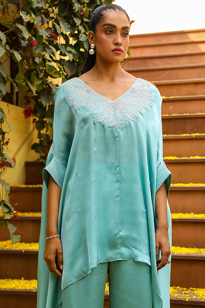 Sky Blue Chiffon & Mulmul Dori Embroidered Co-Ord Set by Ajiesh Oberoi at Pernia's Pop Up Shop