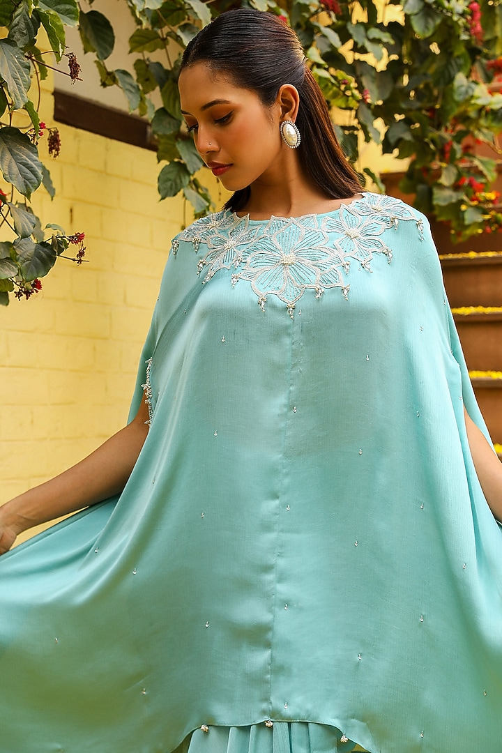 Sky Blue Chiffon Crystal Detailed Kaftan Set by Ajiesh Oberoi at Pernia's Pop Up Shop