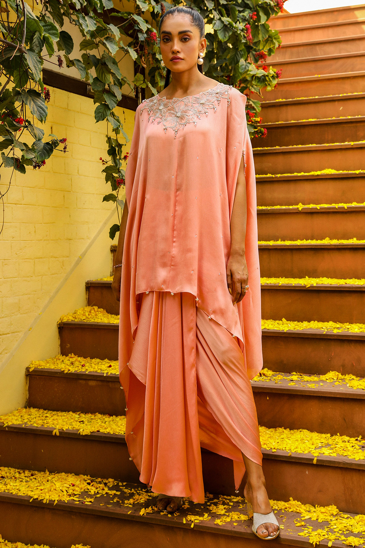 Peach Chiffon Crystal Detailed Kaftan Set by Ajiesh Oberoi at Pernia's Pop Up Shop