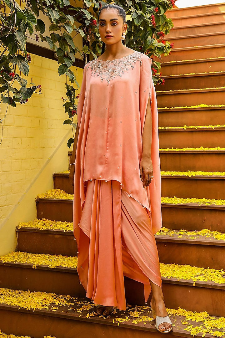 Peach Chiffon Crystal Detailed Kaftan Set by Ajiesh Oberoi at Pernia's Pop Up Shop