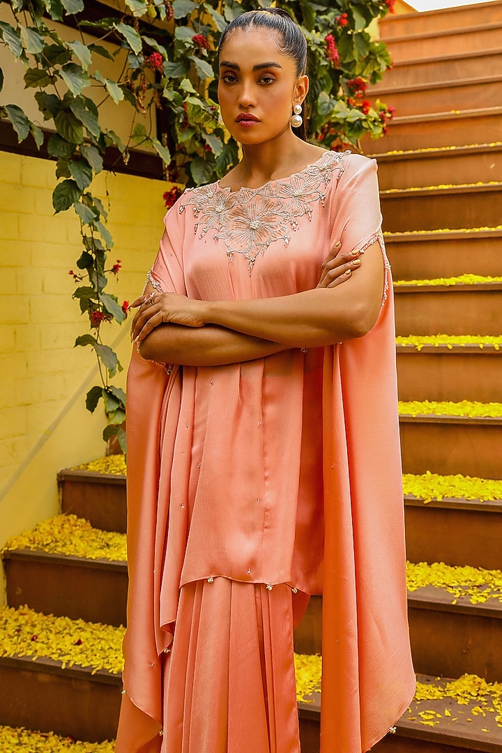 Peach Chiffon Crystal Detailed Kaftan Set by Ajiesh Oberoi at Pernia's Pop Up Shop