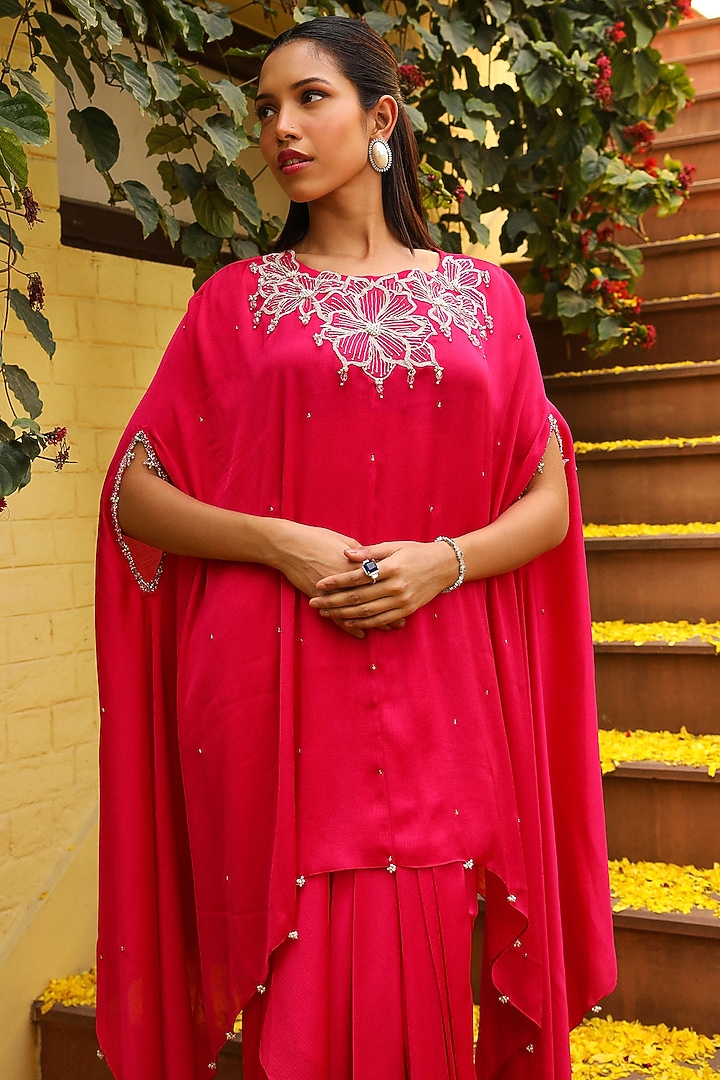 Rani Pink Chiffon Crystal Detailed Kaftan Set by Ajiesh Oberoi at Pernia's Pop Up Shop