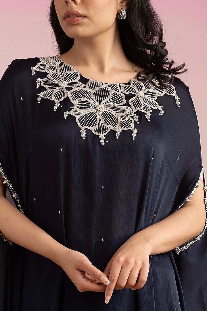 Navy Blue Chiffon Crystal Detailed Kaftan Set by Ajiesh Oberoi at Pernia's Pop Up Shop